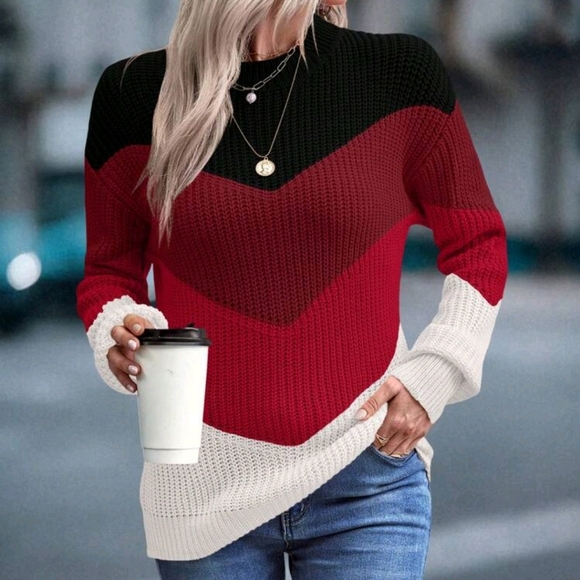 Women Casual Contrast Color Round Neck Drop Shoulder Long Sleeve - Picture 5 of 5
